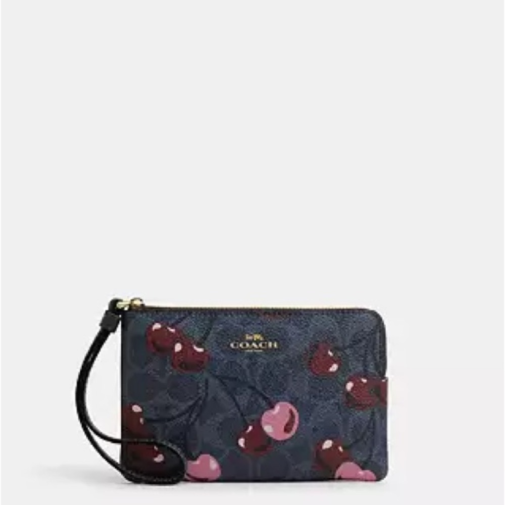 Coach Navy and Pink Cherry Print Wristlet